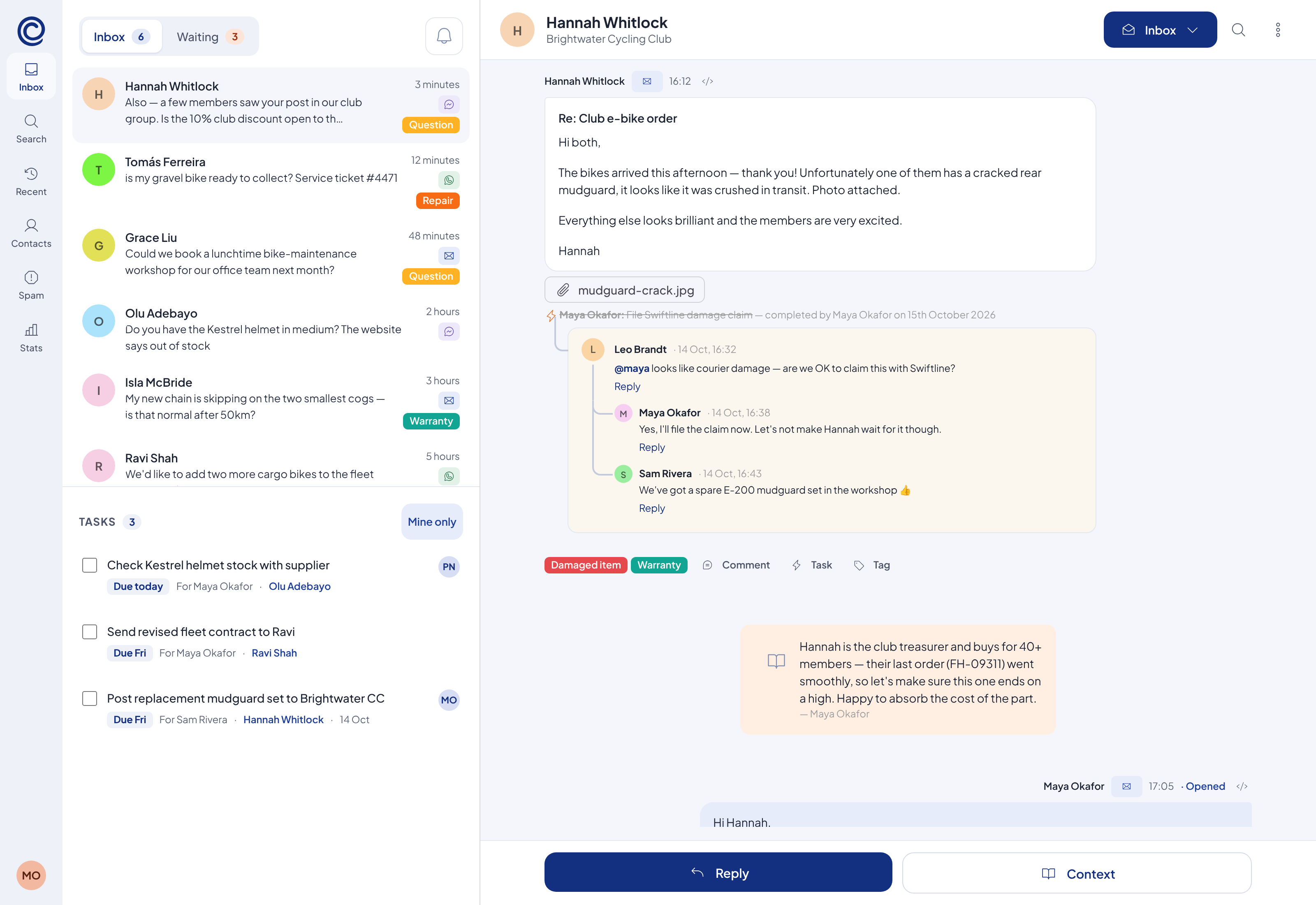 The Positive Contact shared inbox, showing a customer conversation